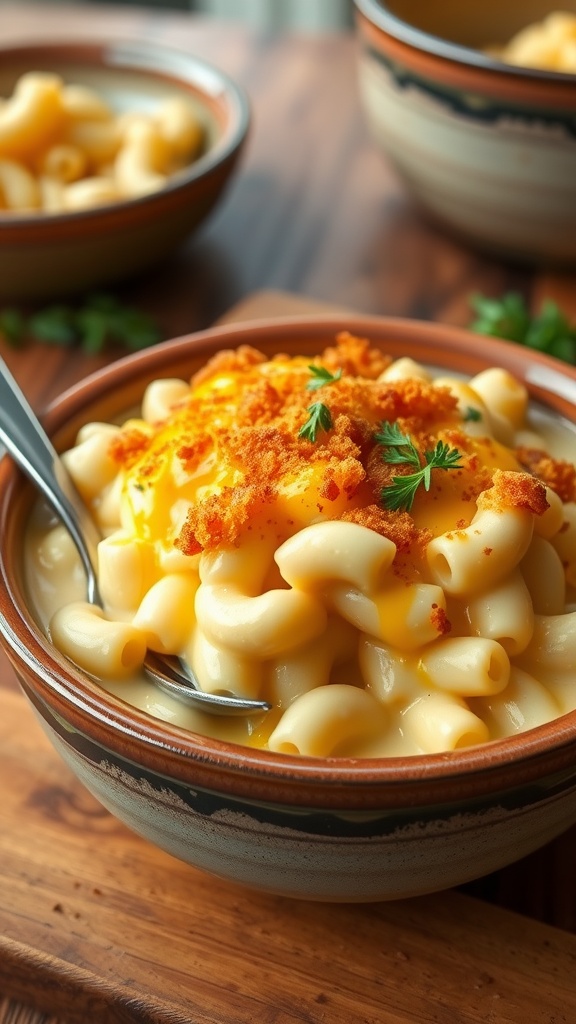 Creamy four cheese macaroni and cheese in a rustic bowl, topped with golden breadcrumbs and garnished with parsley.